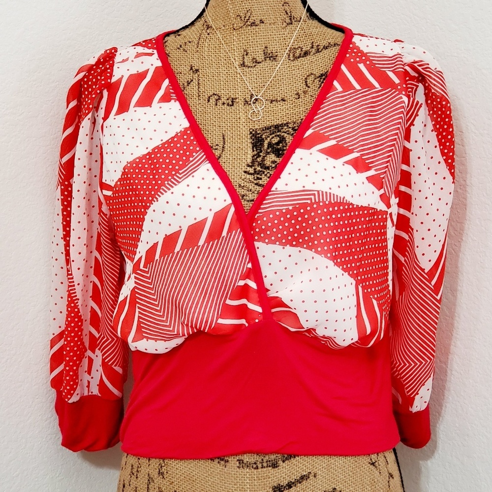 Kala red orange and white abstract graphic print  cross front top Lrg.